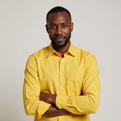Obraz premium An African American man poses in a bright studio portrait wearing a yellow shirt and crossing his hands against a white backdrop