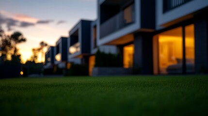 Modern houses with glowing windows at dusk.