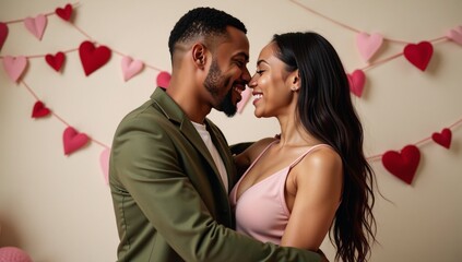 A sweet Valentines Day scene featuring a romantic couple cuddling embracing and sharing a loving kiss in a heartwarming black-and-white wallpaper backdrop