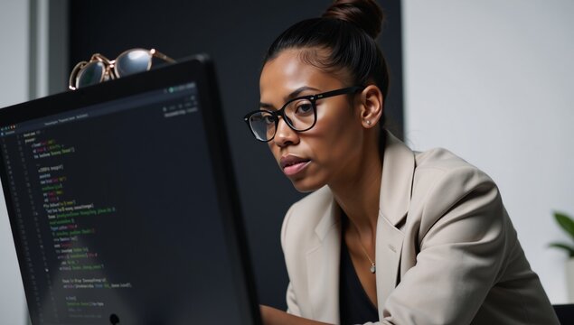 African-American female software developer intently analyzing code on screen
