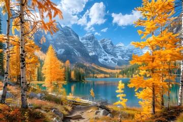 Stunning Autumn Landscape with Vibrant Orange Trees and Majestic Mountains