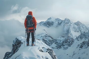 Adventurer Standing on a Snow-Capped Peak Amidst Majestic Mountains