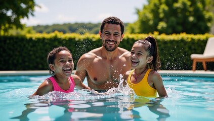 A joyful African-American family plays happily together in a sunlit sparkling pool during a carefree summer day