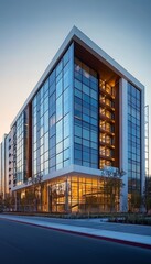 Fototapeta premium Modern Glass Office Building at Sunset, Modern Architecture and Corporate Business Center