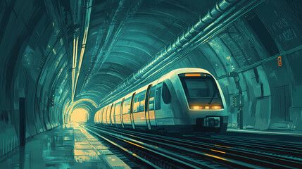 Futuristic train in a modern underground tunnel. Underground City. Illustration