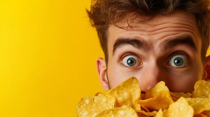 Young man with wide eyes looks at the camera with a bowl of tortilla chips covering his mouth.