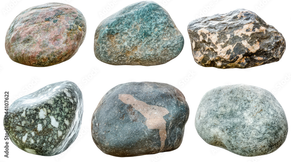 Poster collection of smooth rocks with varied textures isolated on white generative ai