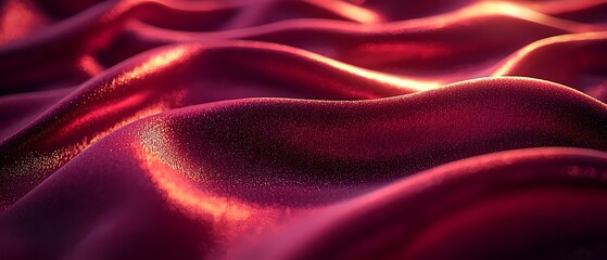 Fototapeta premium Close-up of luxurious red silk fabric, showcasing soft, flowing waves illuminated by warm light, creating a rich and elegant texture.