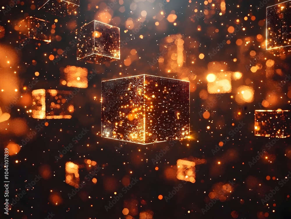 Poster a mesmerizing digital artwork featuring glowing cubes suspended in a deep space-like scene filled wi