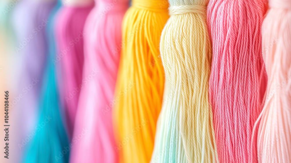 Poster vibrant threads hang neatly in a textile workshop, showcasing an array of colors perfect for craftin
