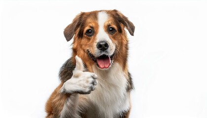 A cute dog is giving a thumbs up while smiling and looking at the camera; white background; selective focus; conceptual art; funny art; dog photography; graphic resources; graphic elements; funny joke