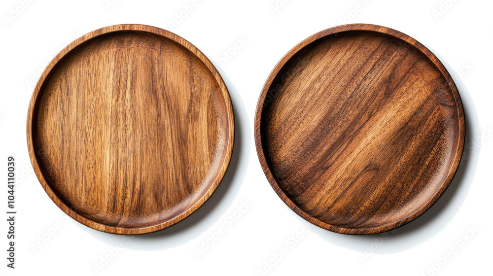 Poster elegant round wooden plates set isolated on a transparent background generative ai