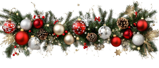 Festive Christmas garland with red and silver ornaments, pine cones, and berries on a green evergreen base. isolated on transparent background