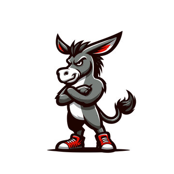 Angry agressive modern style cartoon donkey mascot character. Isolated vector illustration