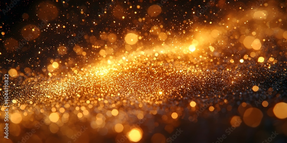 Poster a mesmerizing close-up of shimmering golden particles scattered across a dark surface, creating a ma