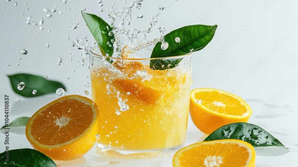Poster freshly squeezed orange juice bursts with splashes as citrus slices and green leaves enhance its vib
