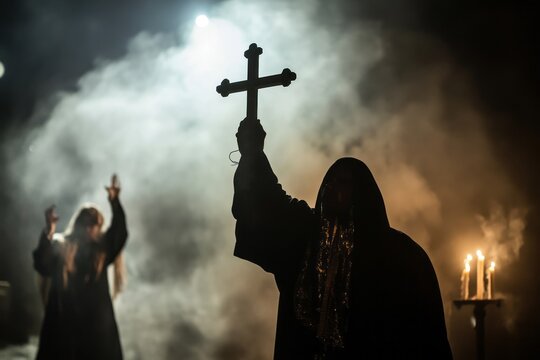 Priest holding a cross in a dimly lit room, performing an exorcism