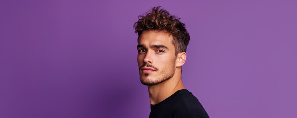 Obraz premium Handsome man isolated on purple background with copyspace