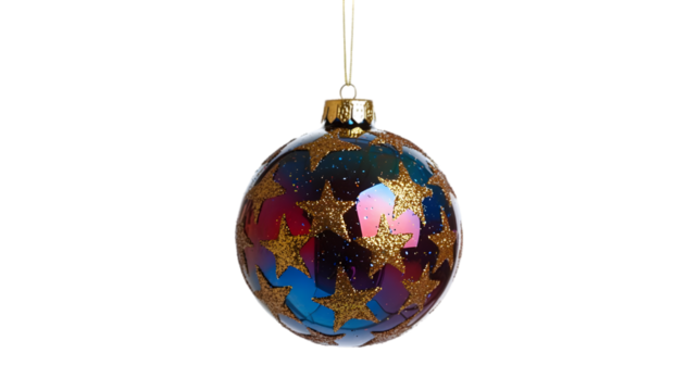 A single Christmas ornament with a gold string and stars inside, isolated on transparent background