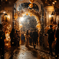 A glamorous entrance filled with balloons, confetti, and people celebrating at a festive event.