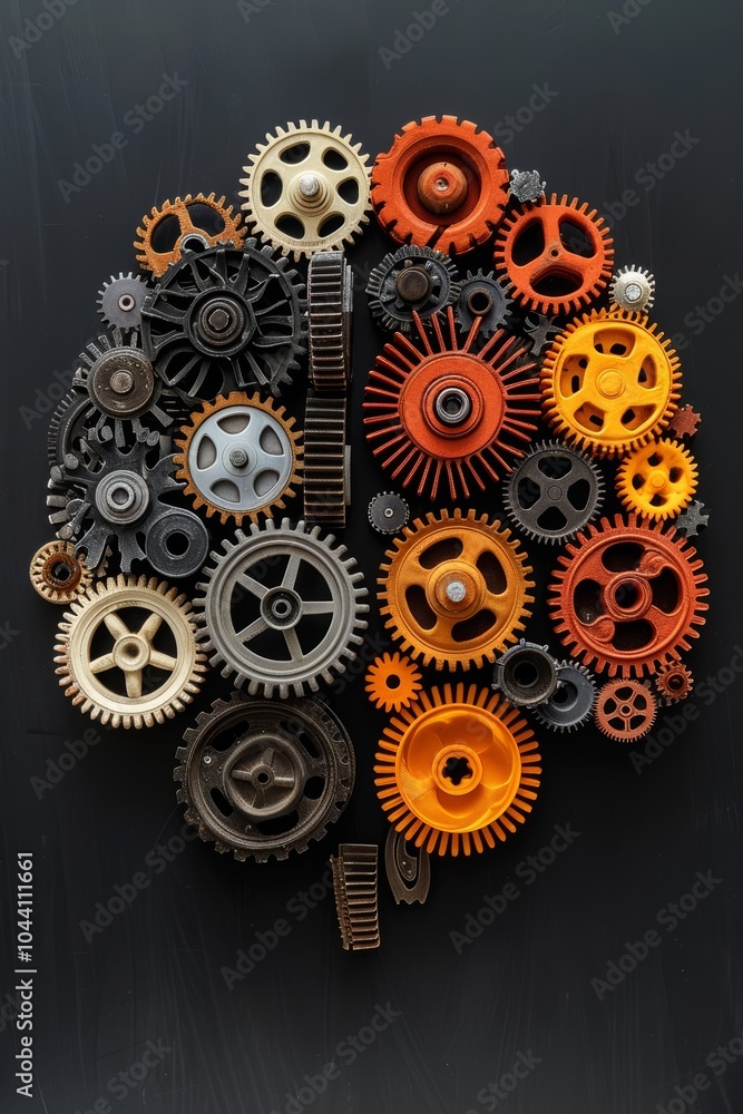 Poster brain shaped composition of interlocking gears, cogs and machine parts on black background