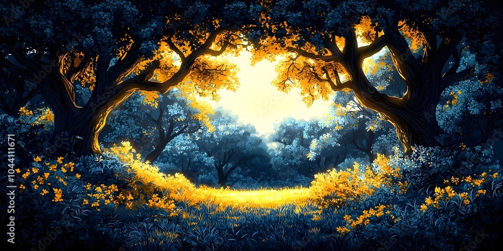 Poster a magical forest scene featuring dense trees with twisting branches and vibrant golden foliage, illu