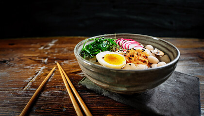 A bowl of ramen with noodles, egg, mushrooms, radish, and broth