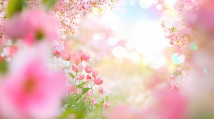 Blossoming cherry blossoms create a dreamy, pastel-colored springtime scene, AI