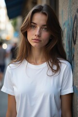 Naklejka premium Girl Wearing White Blank T-Shirt Mockup