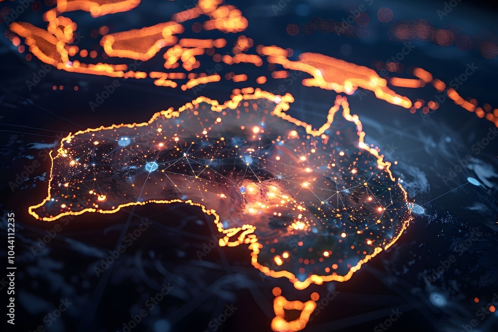 Poster illuminated map of australia and surrounding regions with network connections