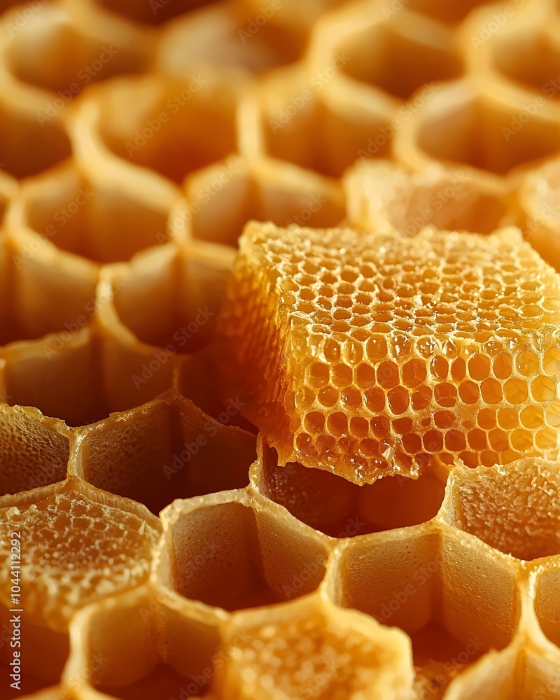 Poster close-up of golden honeycomb with a piece of honeycomb structure, showcasing its hexagonal patterns 