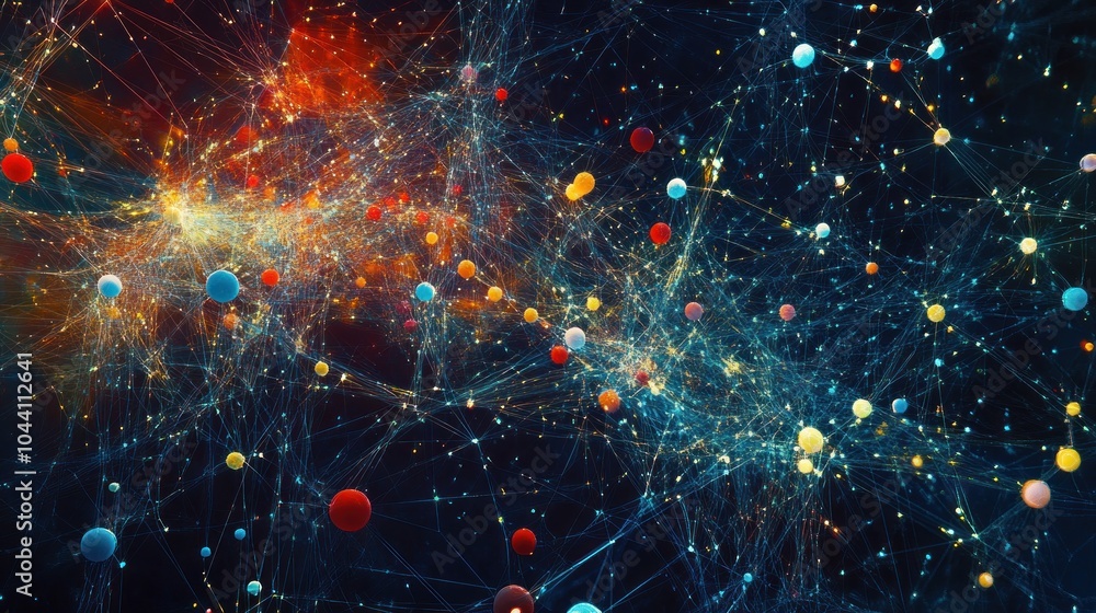 Poster abstract representation of cosmic connections and particles in a vibrant network.