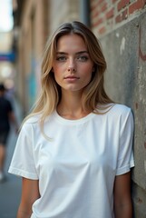 Girl Wearing White Blank T-Shirt Mockup
