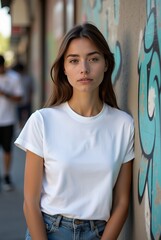 Girl Wearing White Blank T-Shirt Mockup