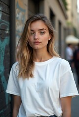 Girl Wearing White Blank T-Shirt Mockup