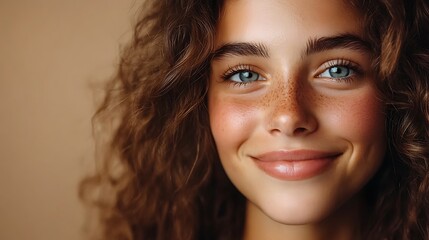Naklejka premium Close-up portrait of a young woman with curly hair and blue eyes, smiling at the camera.