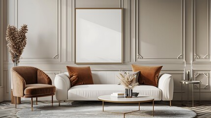 Modern Interior of Stylish Living Room ,Wall Mock Up, Frame , Poster with Beautiful Background, 3d render