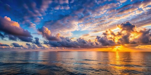 Scenic view of asymmetrical sunrise over the sea with a few clouds in the sky