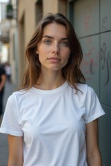 Girl Wearing White Blank T-Shirt Mockup