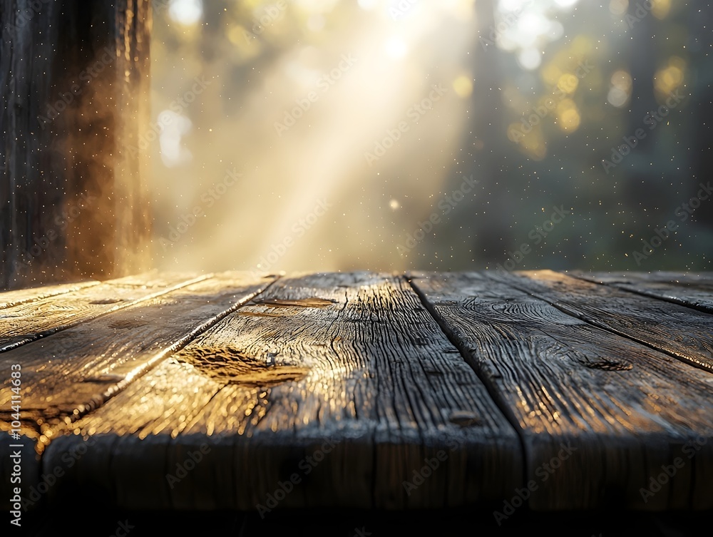 Poster sunlight filters through the trees, illuminating a weathered wooden table with a warm glow, creating