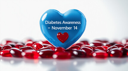 Diabetes Awareness Day, November 14, World Diabetes Day, Blue November, Diabetes Awareness Month, white and blue banner with drop of blood, blue heart on white background