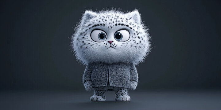 Banner displaying adorable fluffy snow-covered leopard with intrigued expression standing against contrasting dark background