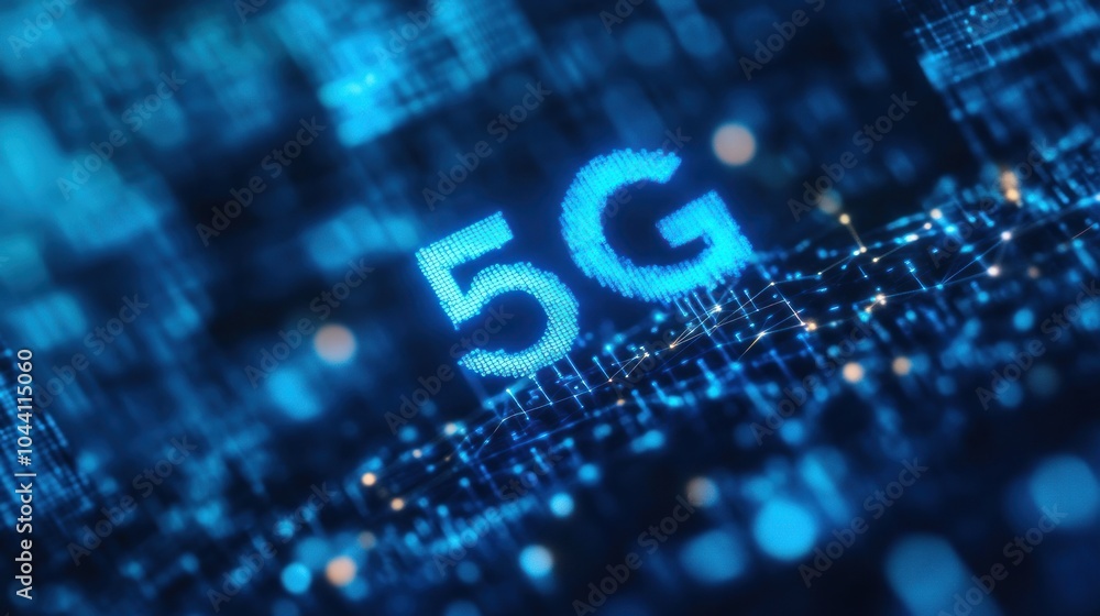 Aufkleber a digital representation of 5g technology with glowing blue text on a network-like background.