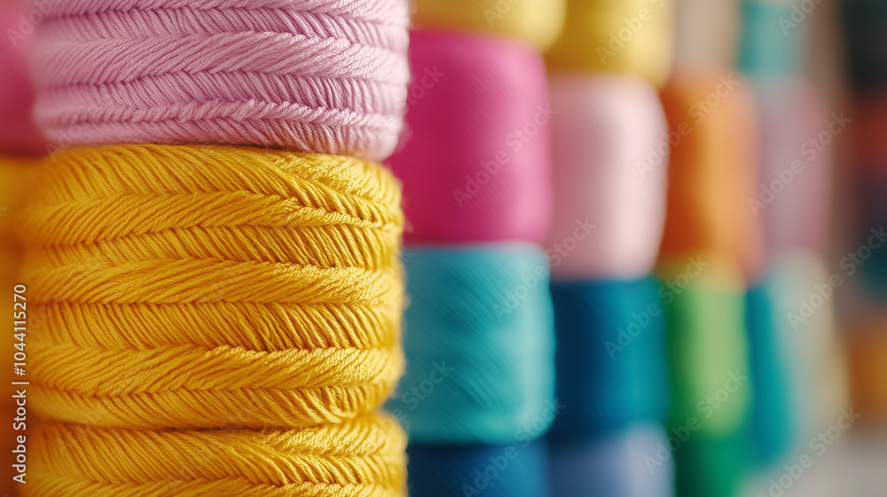 Poster colorful threads and fabrics are neatly arranged in a workshop, highlighting the artistry of textile