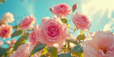 A stunning view of blooming pink roses against a bright blue sky. The sunlight illuminates the petals, creating a warm atmosphere. Perfect for floral themes. AI