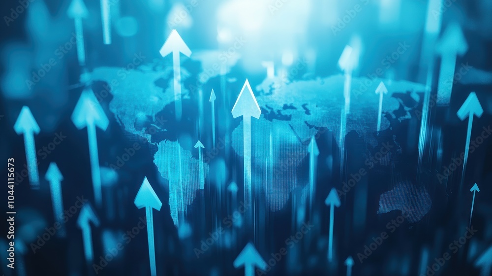Poster a digital representation of the world with upward arrows indicating growth and progress.