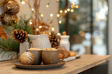Warm winter decor with treats, rustic pine cones,and fairy lights for a beautiful festive atmosphere