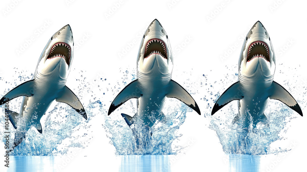 Poster sharks leaping from the water in a dynamic aquatic display generative ai