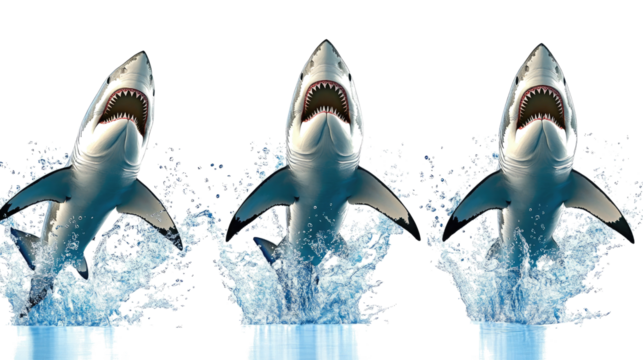 Sharks Leaping From the Water in a Dynamic Aquatic Display Generative AI