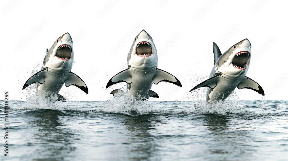 Poster sharks leaping from the ocean in an energetic display of power generative ai